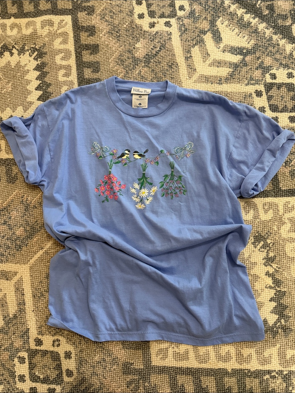 Vintage Light Blue Floral & Bird Graphic Tee